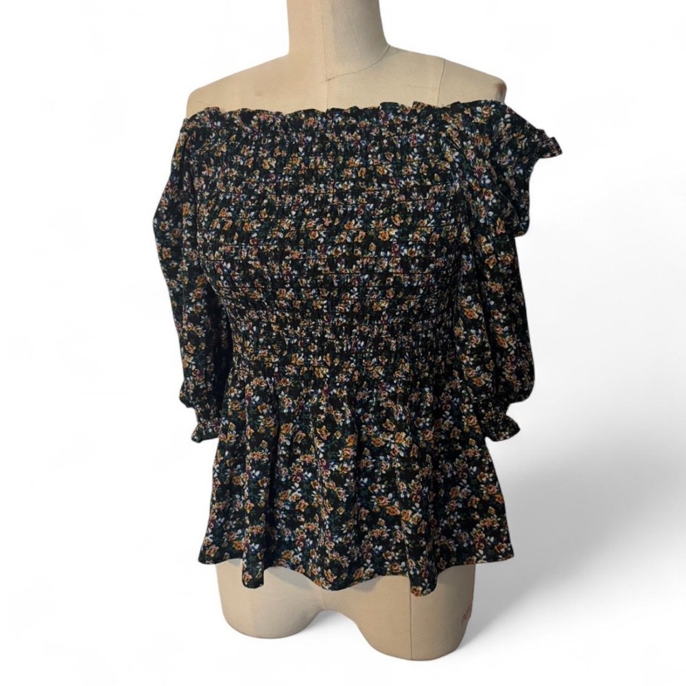 Max Studio Black Floral Ruffle Sleeve Blouse Women’s M